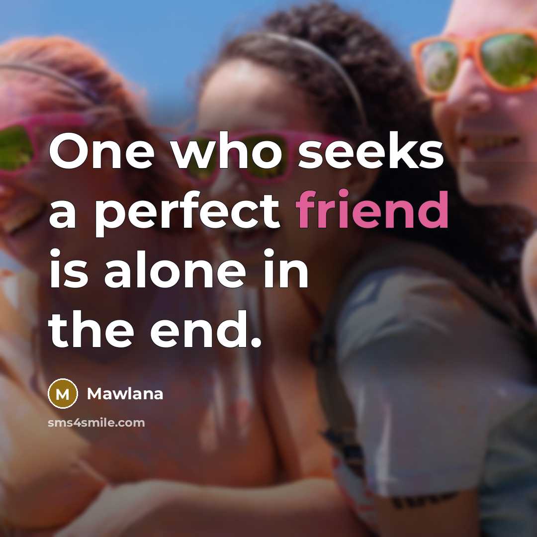 “One who seeks a perfect friend is alone in the…” quote by Mawlana