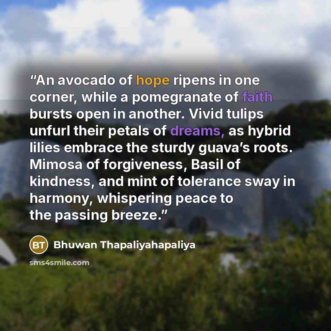 “An avocado of hope ripens in one corner, while a pomegranate of faith bursts open in another. Vivid tulips unfurl their petals of dreams, as hybrid lilies embrace the sturdy guava’s roots. Mimosa of forgiveness, Basil of kindness, and mint of tolerance sway in harmony, whispering peace to the…” quote by Bhuwan Thapaliyahapaliya