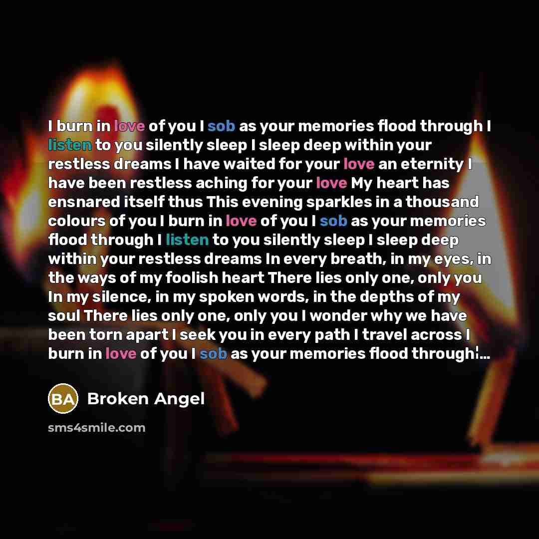 “I burn in love of you I sob as your memories flood through I listen to you silently sleep I sleep deep within your restless dreams I have waited for your love an eternity I have been restless aching for your love My heart has ensnared itself thus This evening sparkles in a thousand colours of you…” quote by Broken Angel