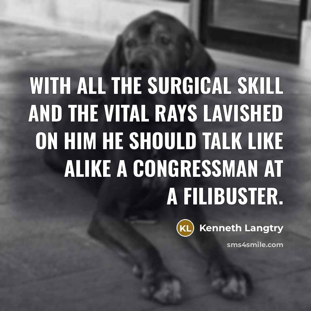 “With all the surgical skill and the vital rays lavished on him he should talk like alike a congressman at a filibuster.” quote by Kenneth Langtry