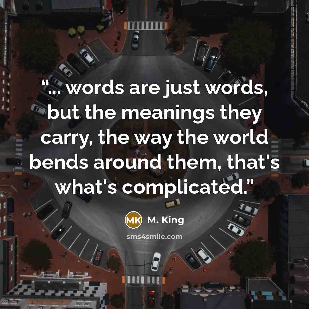 “... words are just words, but the meanings they carry, the way the world bends around them, that's what's complicated.” quote by M. King