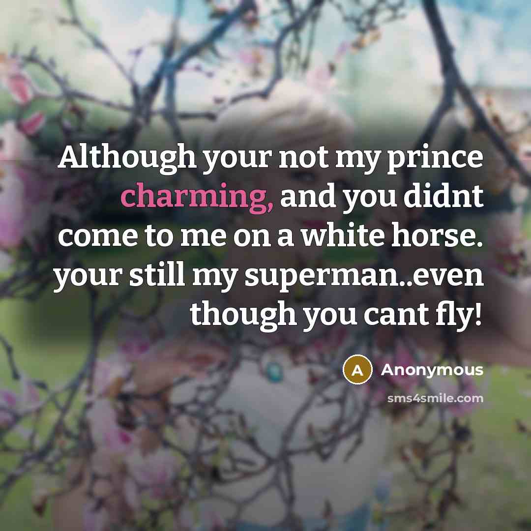 “Although your not my prince charming, and you didnt come to me on a white horse. your still my superman..even though you cant fly!” quote by Anonymous