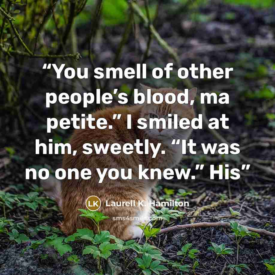 “You smell of other people’s blood, ma petite.” I smiled at him, sweetly. “It was no one you knew.” His” quote by Laurell K. Hamilton