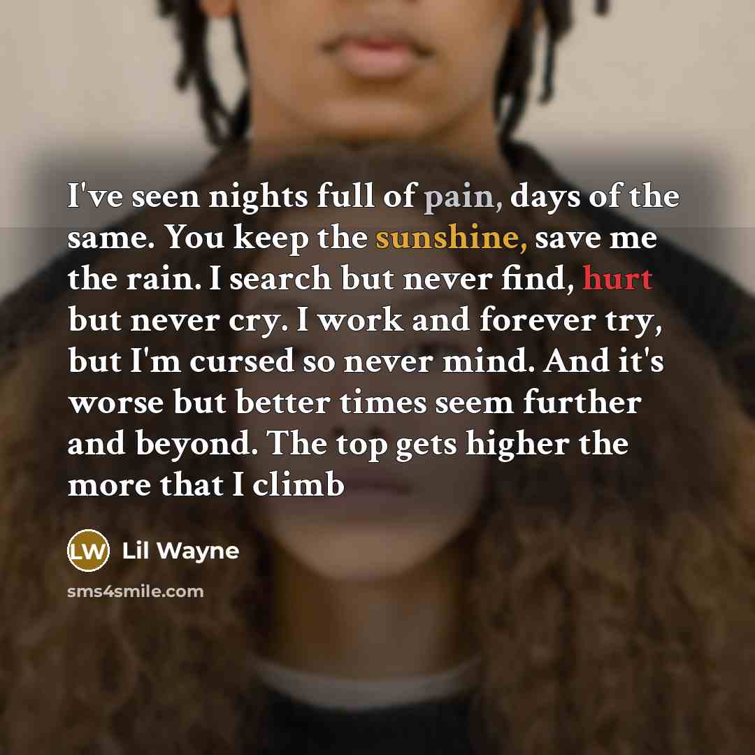 “I've seen nights full of pain, days of the same. You keep the sunshine, save me the rain. I search but never find, hurt but never cry. I work and forever try, but I'm cursed so never mind. And it's worse but better times seem further and beyond. The top gets higher the more that I climb” quote by Lil Wayne