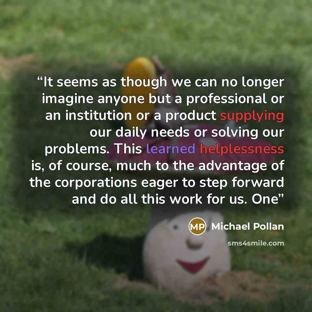 “It seems as though we can no longer imagine anyone but a professional or an institution or a product supplying our daily needs or solving our problems. This learned helplessness is, of course, much to the advantage of the corporations eager to step forward and do all this work for us. One” quote by Michael Pollan
