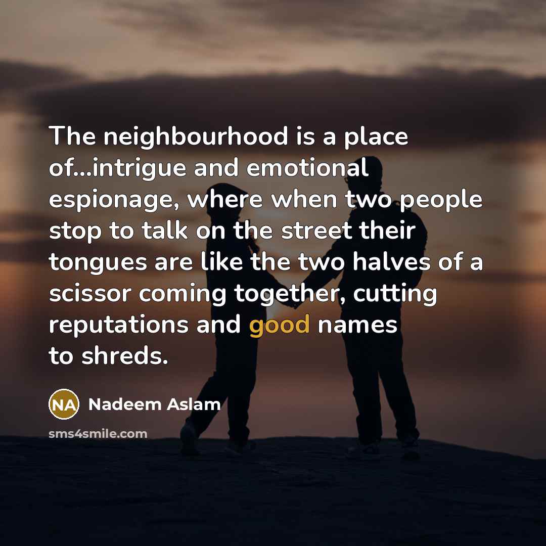 “The neighbourhood is a place of...intrigue and emotional espionage, where…” quote by Nadeem Aslam