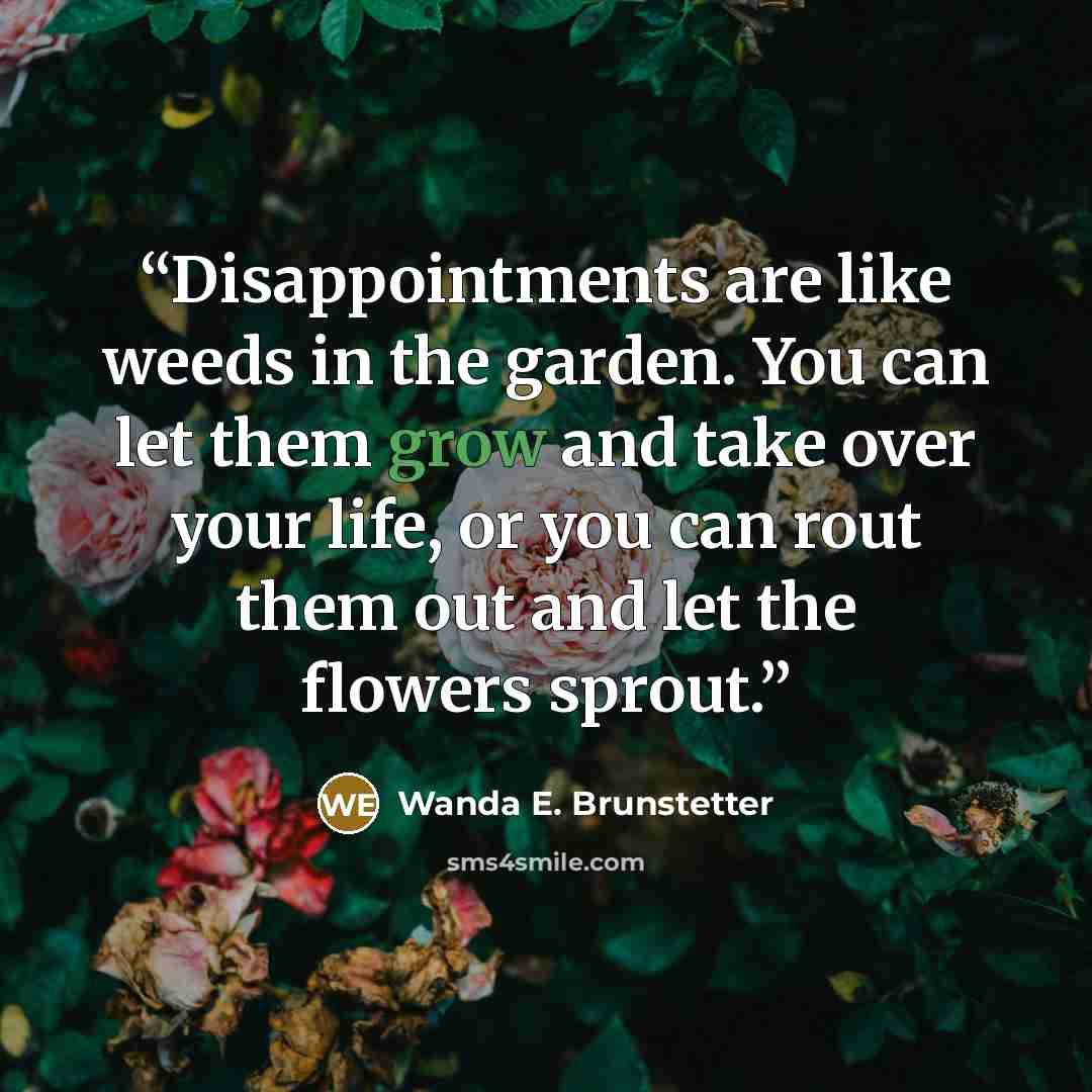 “Disappointments are like weeds in the garden. You can let them grow and take over your life, or you can rout them out and let the flowers sprout.” quote by Wanda E. Brunstetter