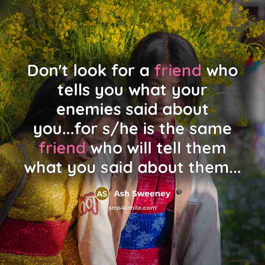 “Don't look for a friend who tells you what your enemies said about you...for s/he is the same friend who will tell them what you said about them...” quote by Ash Sweeney