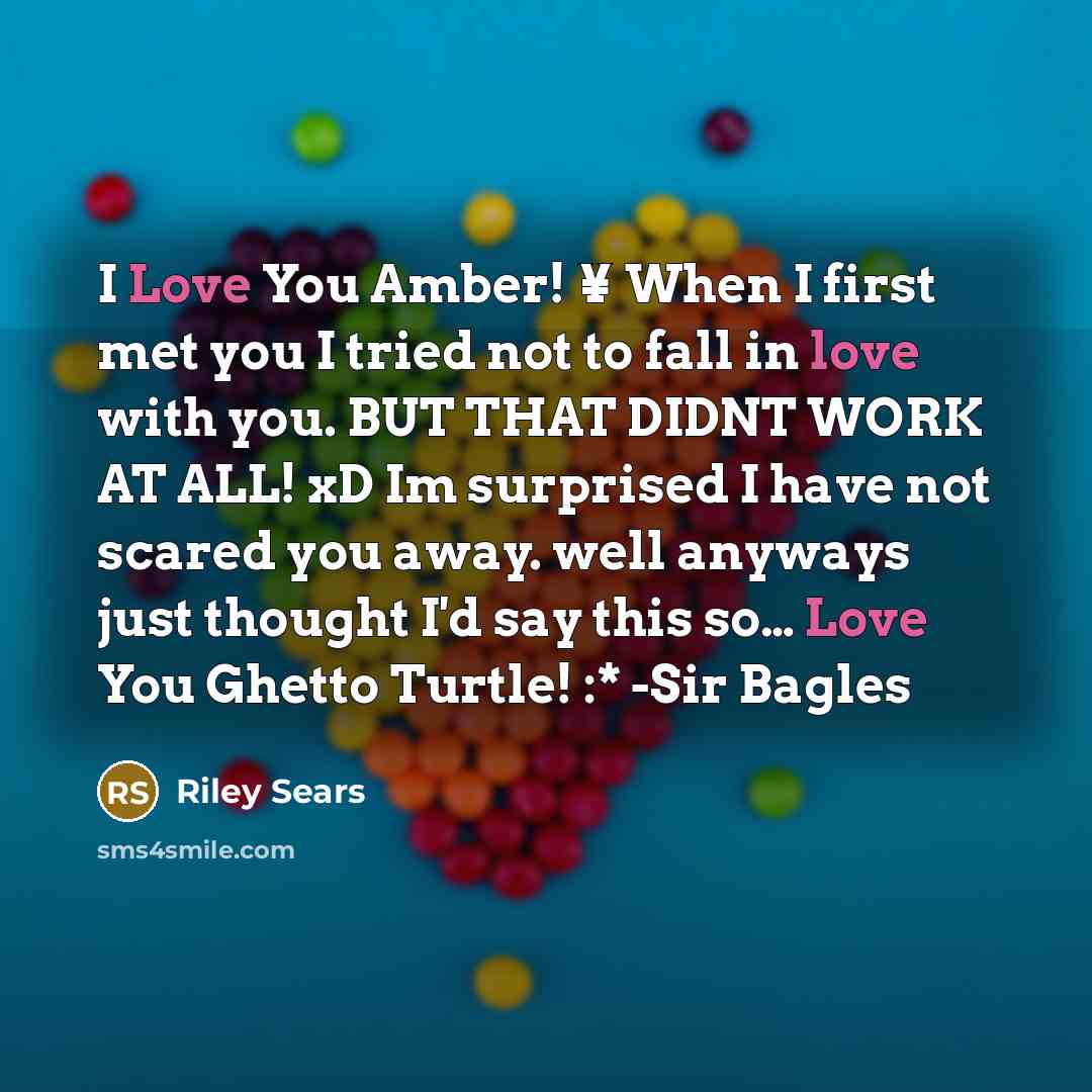 “I Love You Amber! ¥ When I first met you I tried not to fall in love with you. BUT THAT DIDNT WORK AT ALL! xD Im surprised I have not scared you away. well anyways just thought I'd say this so… Love You Ghetto Turtle! :* -Sir Bagles” quote by Riley Sears