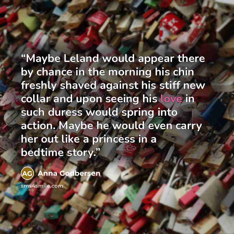 “Maybe Leland would appear there by chance in the morning his chin freshly shaved against his stiff new collar and upon seeing his love in such duress would spring into action. Maybe he would even carry her out like a princess in a bedtime story.” quote by Anna Godbersen