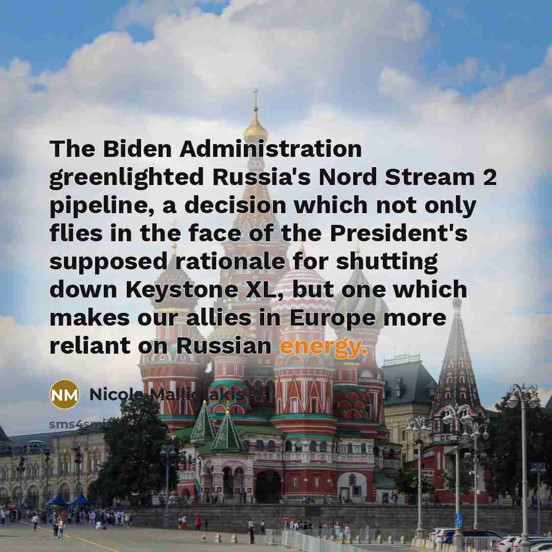 “The Biden Administration greenlighted Russia's Nord Stream 2 pipeline, a…” quote by Nicole Malliotakis