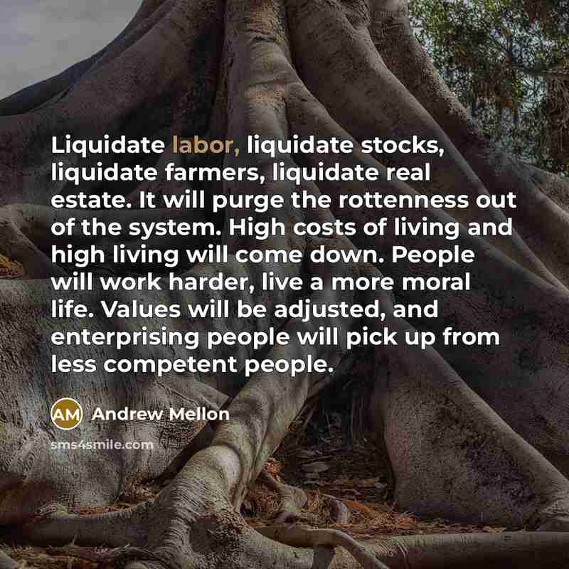 “Liquidate labor, liquidate stocks, liquidate farmers, liquidate real estate. It…” quote by Andrew Mellon