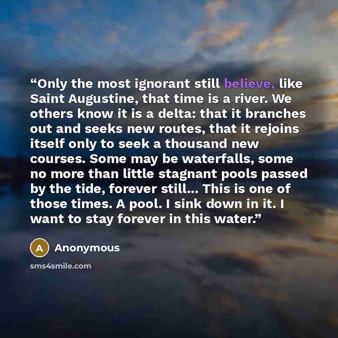 “Only the most ignorant still believe, like Saint Augustine, that time is a river. We others know it is a delta: that it branches out and seeks new routes, that it rejoins itself only to seek a thousand new courses. Some may be waterfalls, some no more than little stagnant pools passed by the tide…” quote by Anonymous