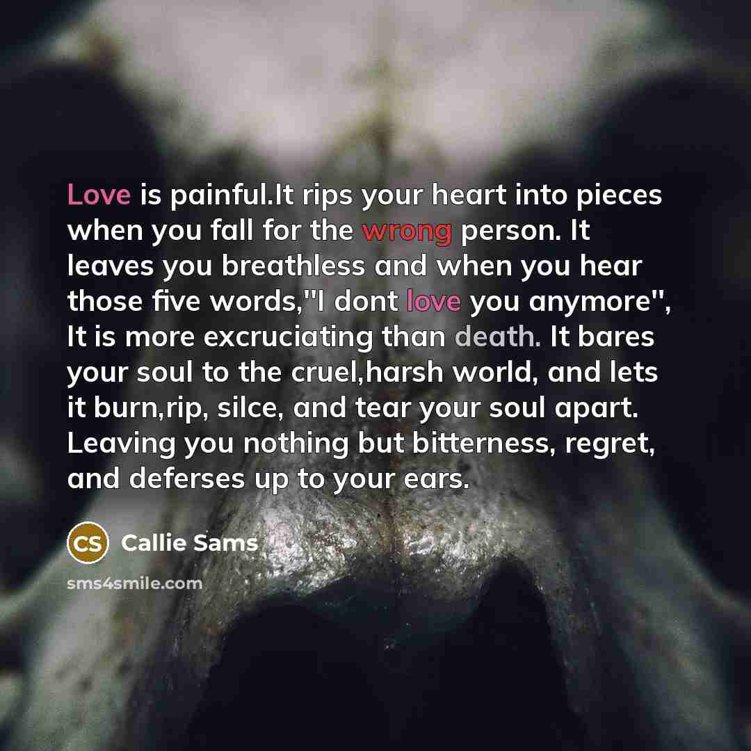 “Love is painful.It rips your heart into pieces when you fall for the wrong person. It leaves you breathless and when you hear those five words,''I dont love you anymore'', It is more excruciating than death. It bares your soul to the cruel,harsh world, and lets it burn,rip, silce, and tear your…” quote by Callie Sams
