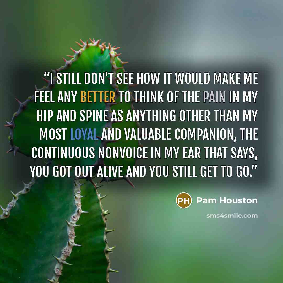 “I still don't see how it would make me feel any better to think of the pain in my hip and spine as anything other than my most loyal and valuable companion, the continuous nonvoice in my ear that says, You got out alive and you still get to go.” quote by Pam Houston