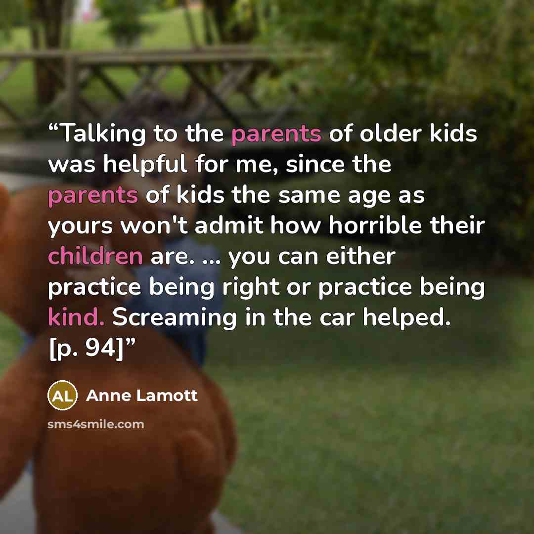 “Talking to the parents of older kids was helpful for me, since the parents of kids the same age as yours won't admit how horrible their children are. ... you can either practice being right or practice being kind. Screaming in the car helped. [p. 94]” quote by Anne Lamott