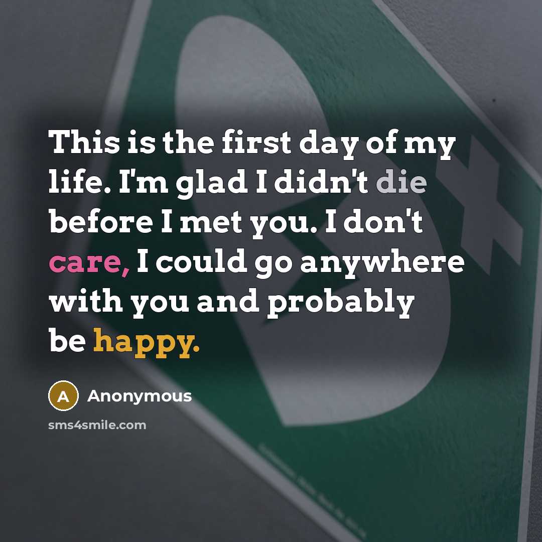“This is the first day of my life. I'm glad I didn't die before I met you. I don't care, I could go anywhere with you and probably be happy.” quote by Anonymous