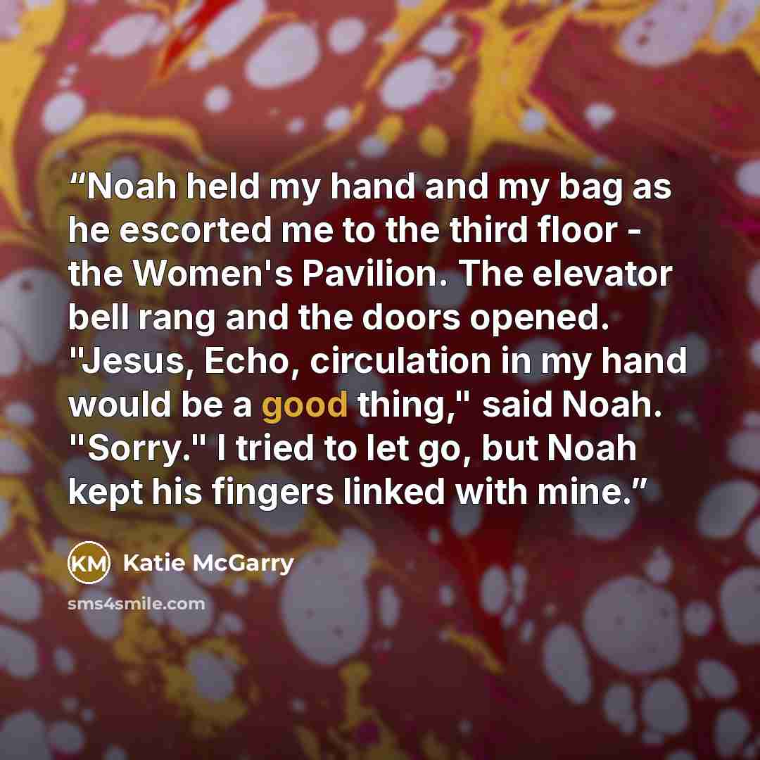 “Noah held my hand and my bag as he escorted me to the third floor - the Women's Pavilion. The elevator bell rang and the doors opened. "Jesus, Echo, circulation in my hand would be a good thing," said Noah. "Sorry." I tried to let go, but Noah kept his fingers linked with mine.” quote by Katie McGarry