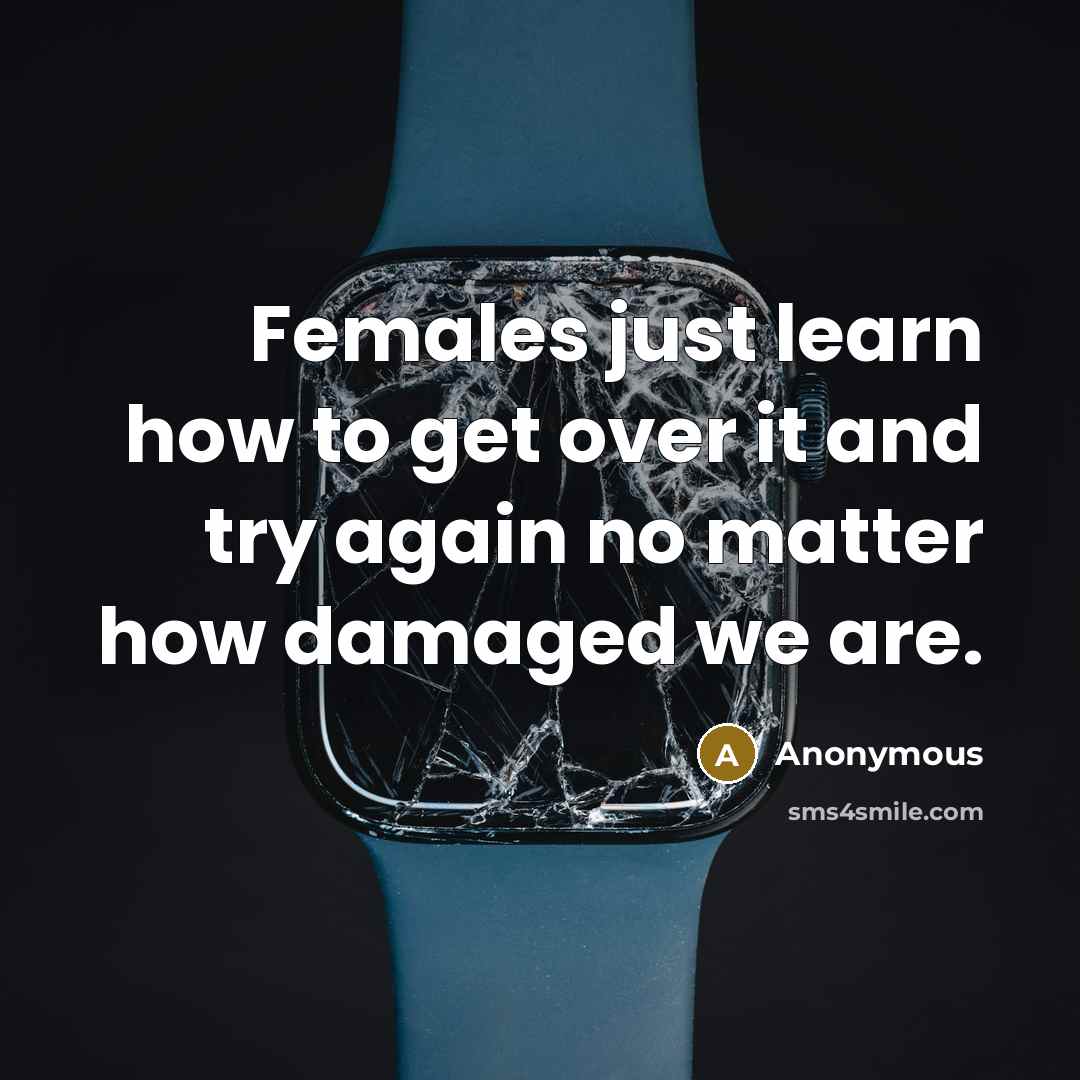 “Females just learn how to get over it and try again no matter how damaged we are.” quote by Anonymous