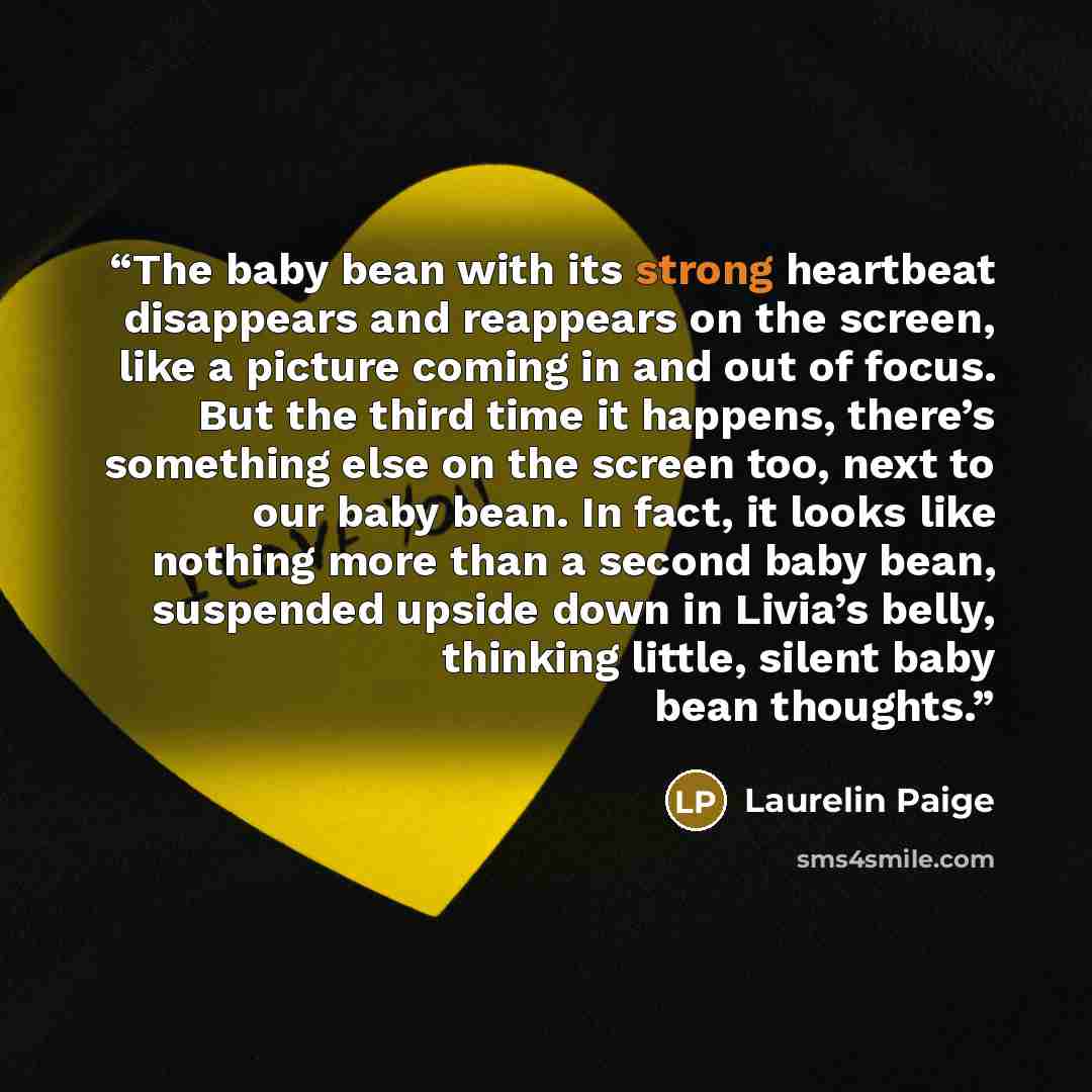 “The baby bean with its strong heartbeat disappears and reappears on the screen, like a picture coming in and out of focus. But the third time it happens, there’s something else on the screen too, next to our baby bean. In fact, it looks like nothing more than a second baby bean, suspended upside…” quote by Laurelin Paige