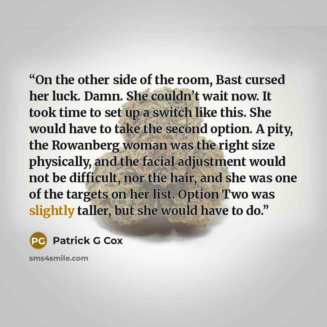 “On the other side of the room, Bast cursed her luck. Damn. She couldn’t wait now. It took time to set up a switch like this. She would have to take the second option. A pity, the Rowanberg woman was the right size physically, and the facial adjustment would not be difficult, nor the hair, and she…” quote by Patrick G Cox
