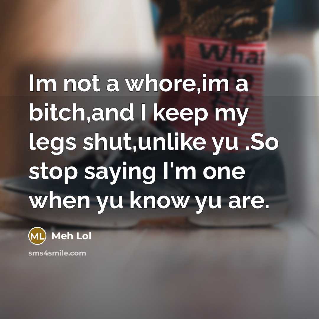 “Im not a whore,im a bitch,and I keep my legs shut,unlike yu .So stop saying I'm one when yu know yu are.” quote by Meh Lol