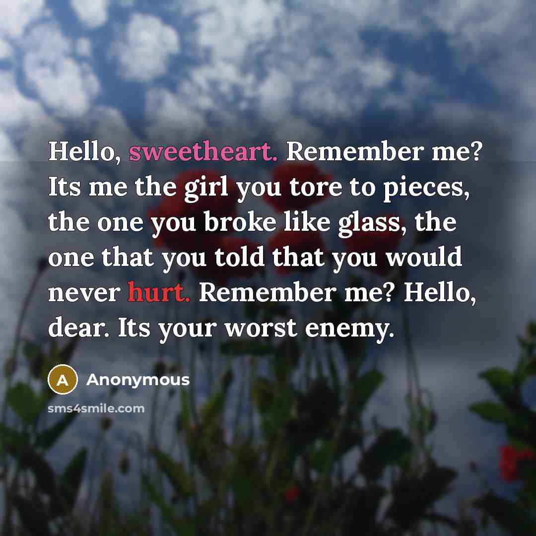 “Hello, sweetheart. Remember me? Its me the girl you tore to pieces, the one you broke like glass, the one that you told that you would never hurt. Remember me? Hello, dear. Its your worst enemy.” quote by Anonymous