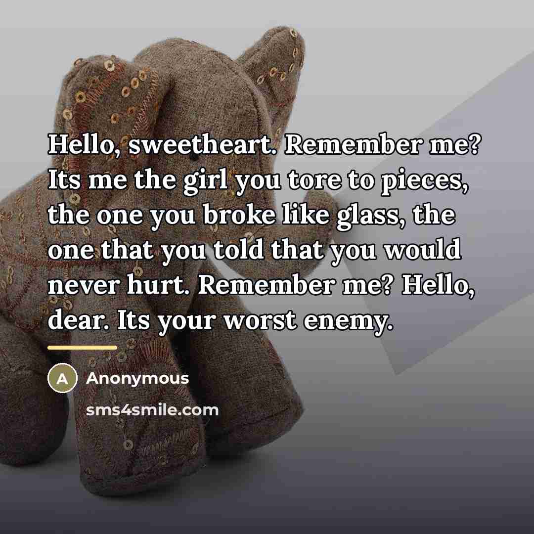 “Hello, sweetheart. Remember me? Its me the girl you tore…” quote by Anonymous