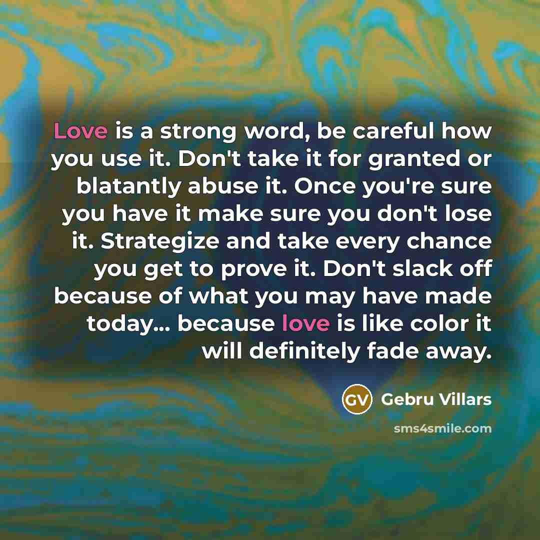 “Love is a strong word, be careful how you use…” quote by Gebru Villars