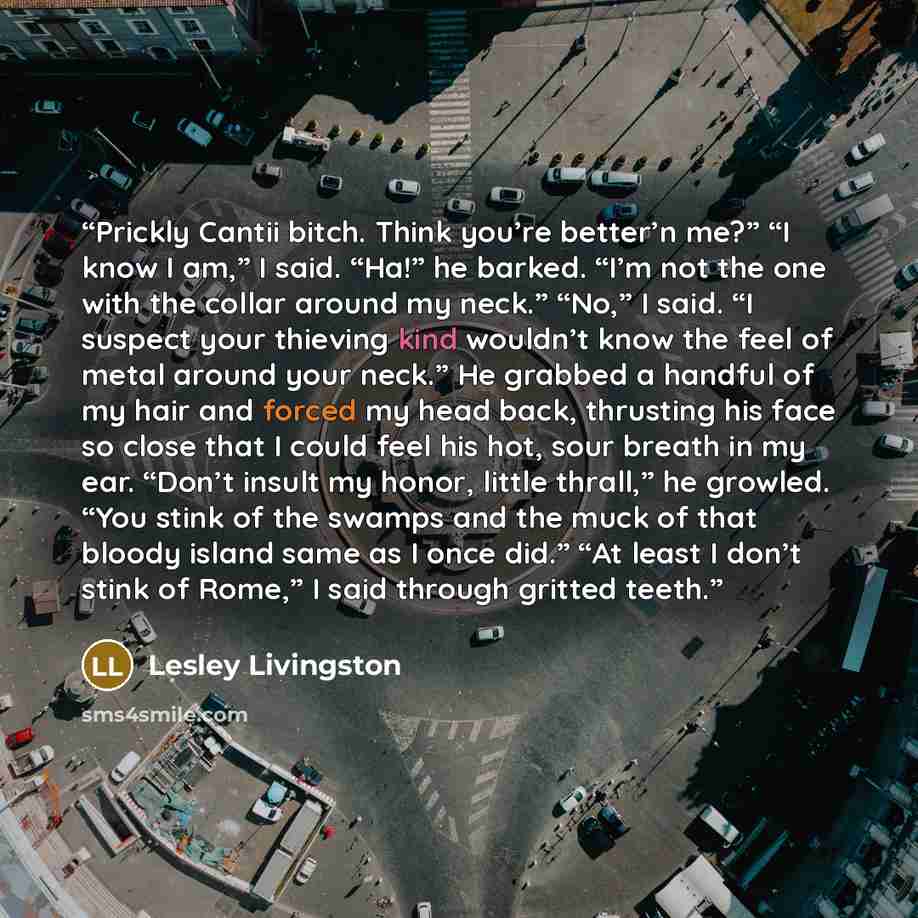 “Prickly Cantii bitch. Think you’re better’n me?” “I know I am,” I said. “Ha!” he barked. “I’m not the one with the collar around my neck.” “No,” I said. “I suspect your thieving kind wouldn’t know the feel of metal around your neck.” He grabbed a handful of my hair and forced my head back…” quote by Lesley Livingston