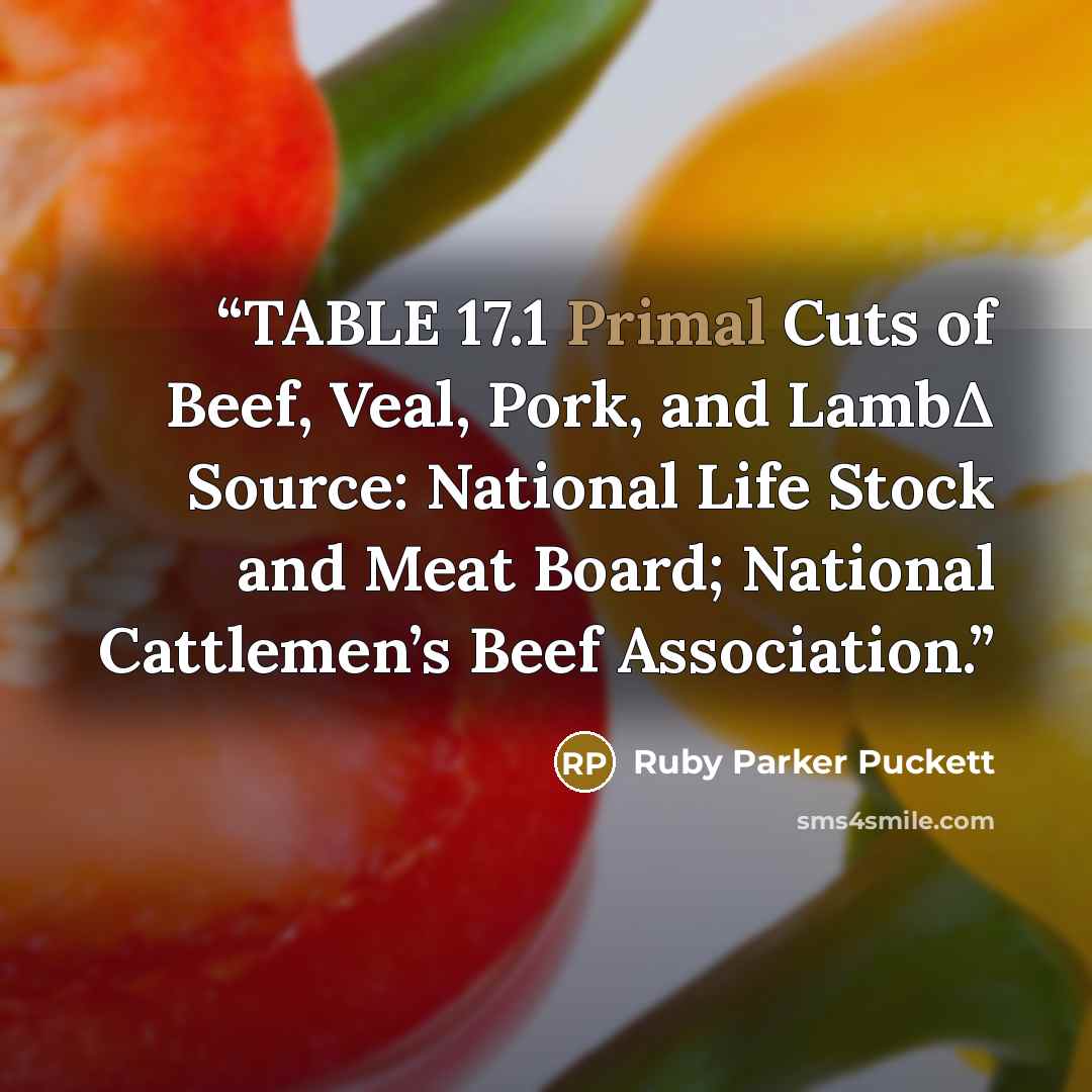 “TABLE 17.1 Primal Cuts of Beef, Veal, Pork, and LambΔ Source: National Life Stock and Meat Board; National Cattlemen’s Beef Association.” quote by Ruby Parker Puckett