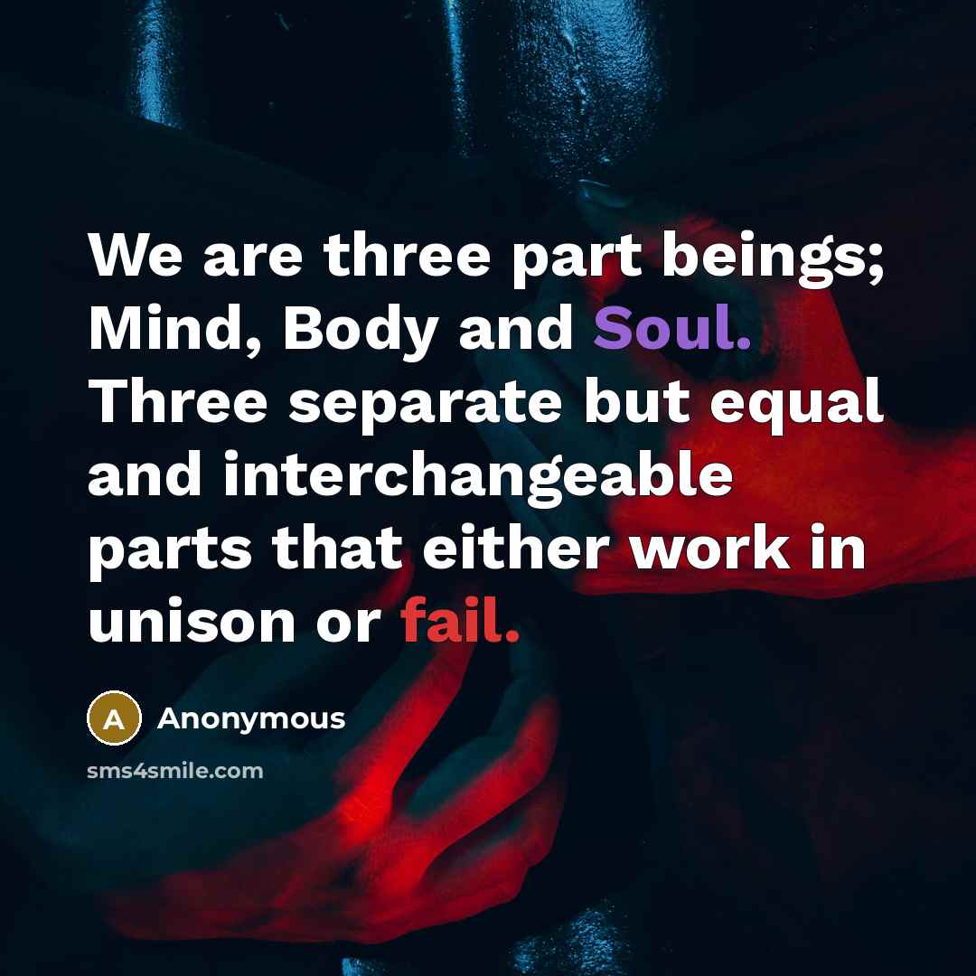 “We are three part beings; Mind, Body and Soul. Three separate but equal and interchangeable parts that either work in unison or fail.” quote by Anonymous