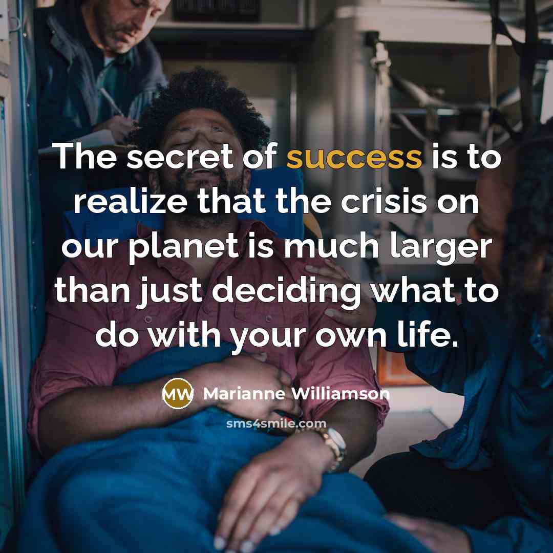 “The secret of success is to realize that the crisis…” quote by Marianne Williamson