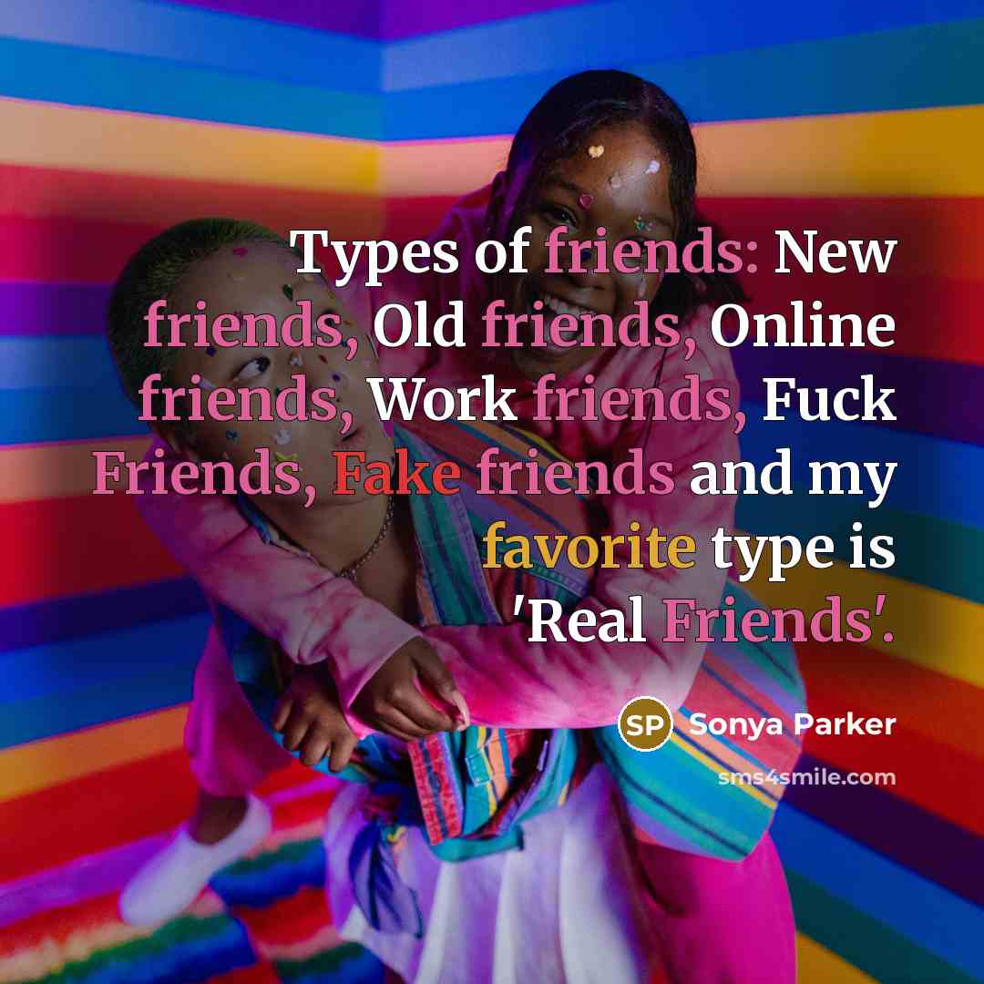 “Types of friends: New friends, Old friends, Online friends, Work…” quote by SONYA PARKER