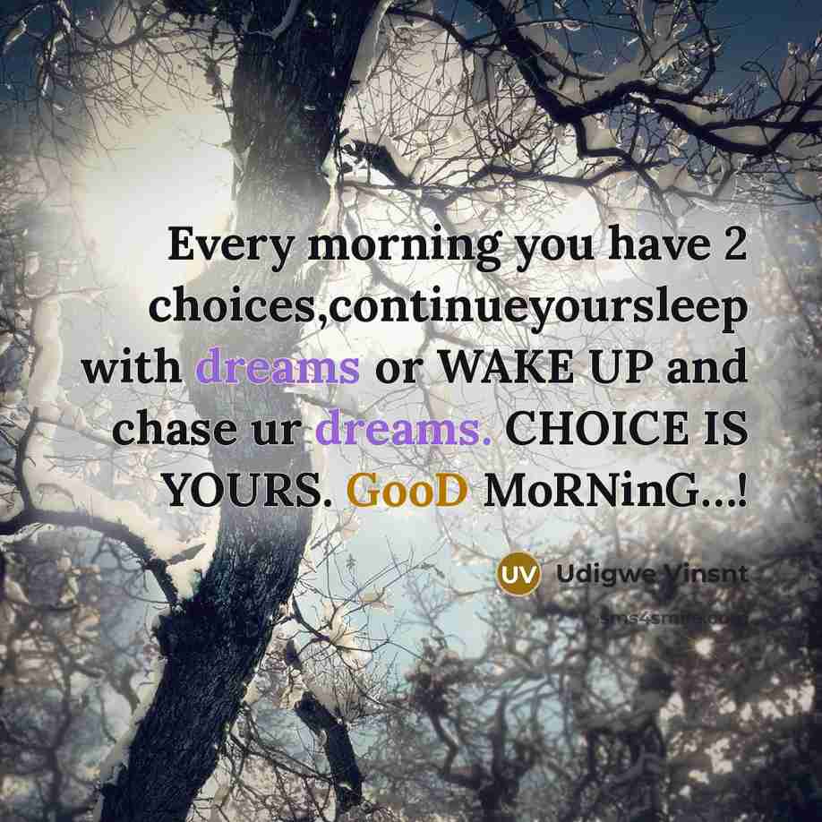 “Every morning you have 2 choices,continueyoursleep with dreams or WAKE…” quote by Udigwe Vinsnt