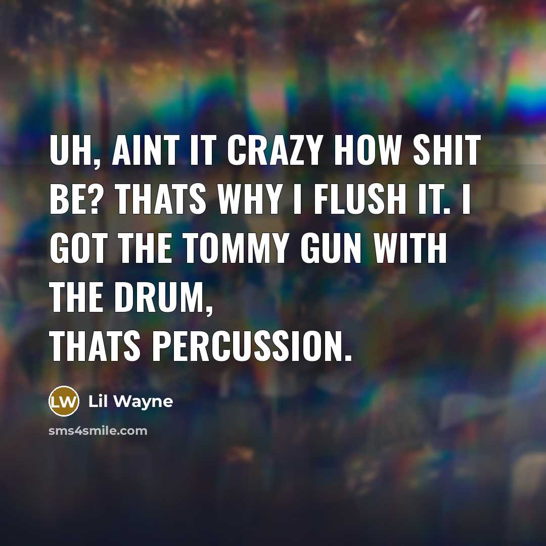 “Uh, aint it crazy how shit be? Thats why I flush it. I got the Tommy gun with the drum, thats percussion.” quote by Lil Wayne