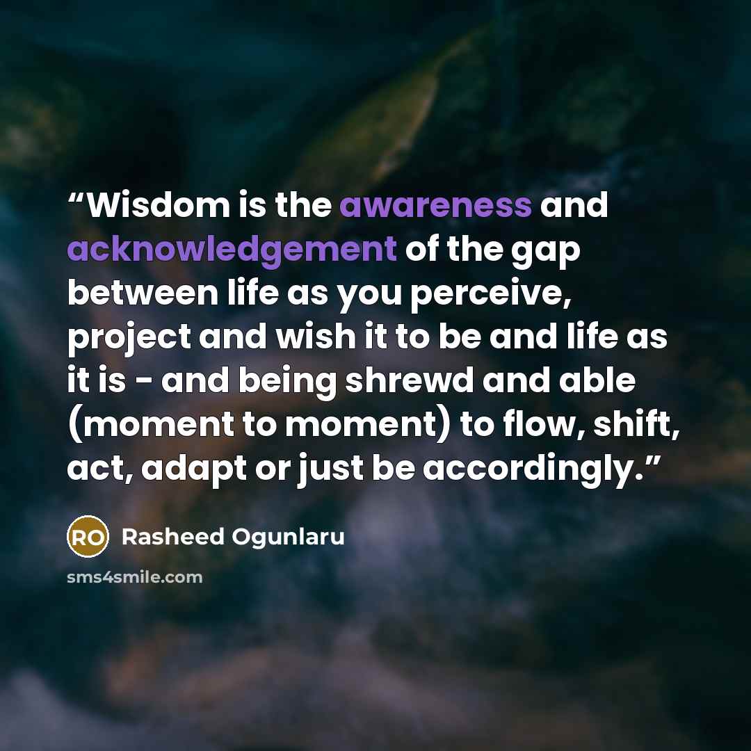 “Wisdom is the awareness and acknowledgement of the gap between life as you perceive, project and wish it to be and life as it is - and being shrewd and able (moment to moment) to flow, shift, act, adapt or just be accordingly.” quote by Rasheed Ogunlaru