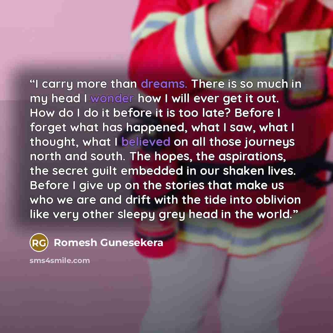 “I carry more than dreams. There is so much in my head I wonder how I will ever get it out. How do I do it before it is too late? Before I forget what has happened, what I saw, what I thought, what I believed on all those journeys north and south. The hopes, the aspirations, the secret guilt…” quote by Romesh Gunesekera