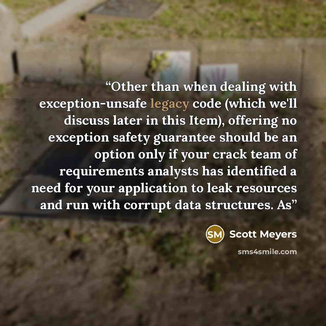 “Other than when dealing with exception-unsafe legacy code (which we'll discuss later in this Item), offering no exception safety guarantee should be an option only if your crack team of requirements analysts has identified a need for your application to leak resources and run with corrupt data…” quote by Scott Meyers