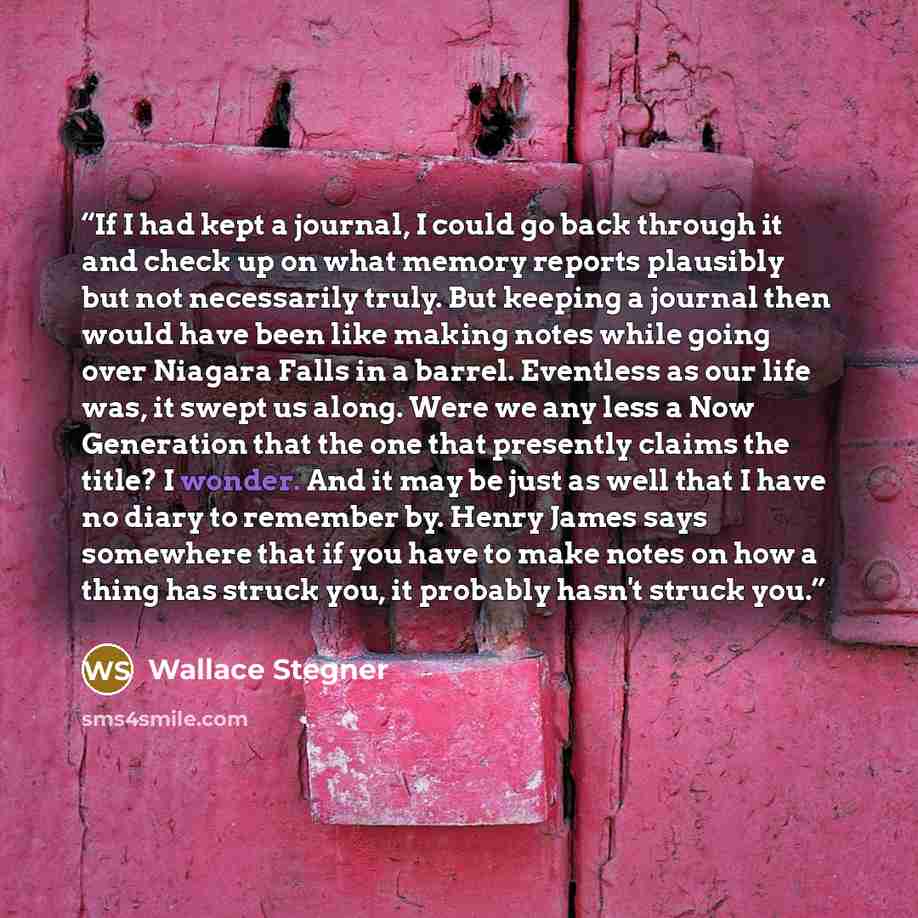 “If I had kept a journal, I could go back through it and check up on what memory reports plausibly but not necessarily truly. But keeping a journal then would have been like making notes while going over Niagara Falls in a barrel. Eventless as our life was, it swept us along. Were we any less a Now…” quote by Wallace Stegner
