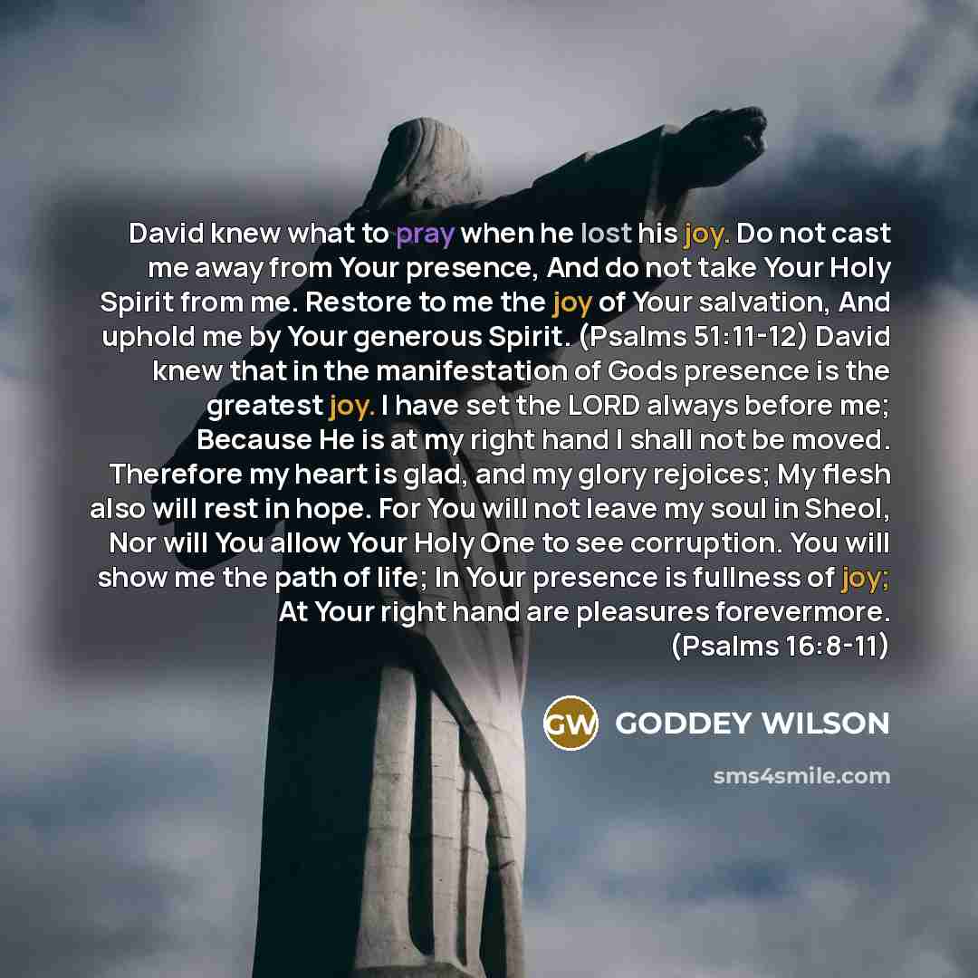 “David knew what to pray when he lost his joy. Do not cast me away from Your presence, And do not take Your Holy Spirit from me. Restore to me the joy of Your salvation, And uphold me by Your generous Spirit. (Psalms 51:11-12) David knew that in the manifestation of Gods presence is the greatest…” quote by GODDEY WILSON