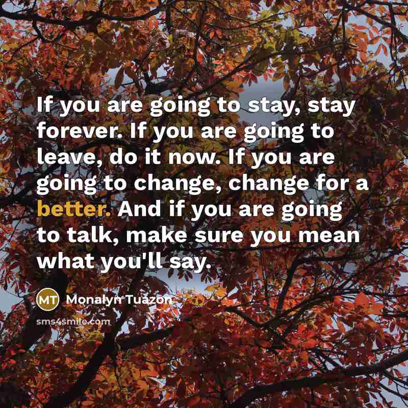 “If you are going to stay, stay forever. If you are going to leave, do it now. If you are going to change, change for a better. And if you are going to talk, make sure you mean what you'll say.” quote by Monalyn Tuazon