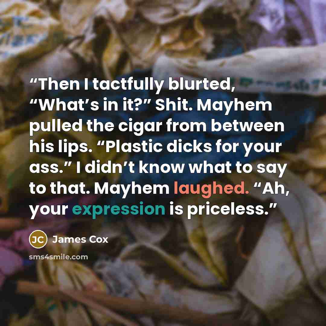 “Then I tactfully blurted, “What’s in it?” Shit. Mayhem pulled the cigar from between his lips. “Plastic dicks for your ass.” I didn’t know what to say to that. Mayhem laughed. “Ah, your expression is priceless.” quote by James Cox