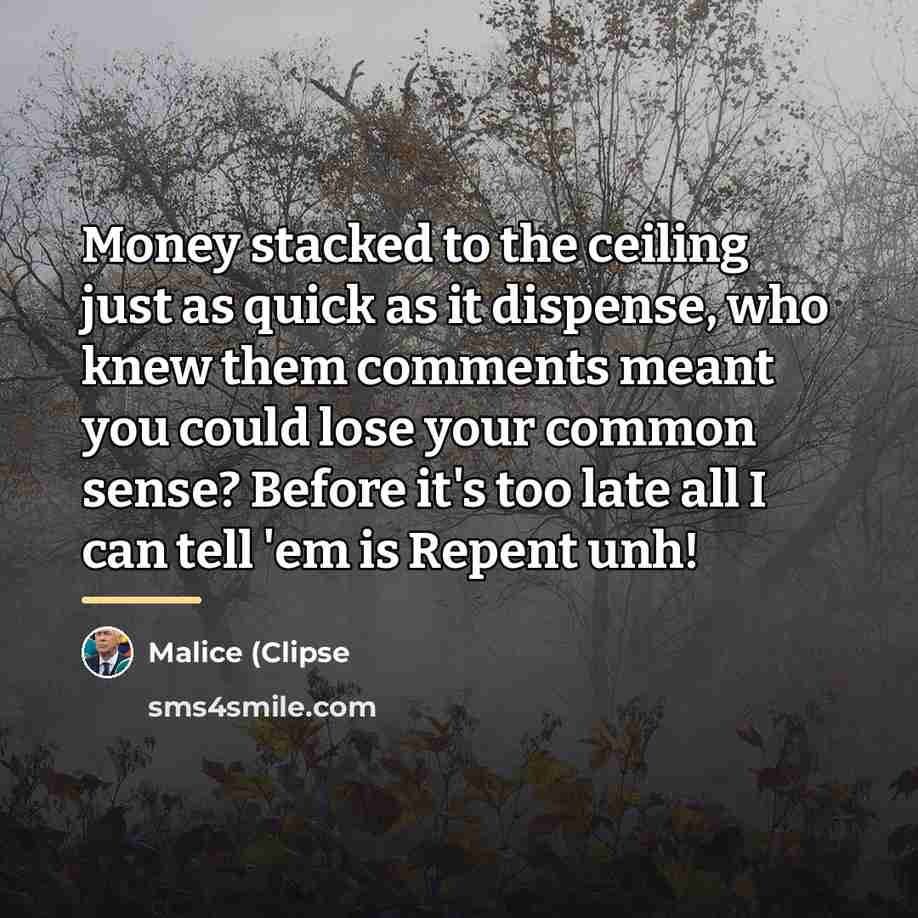 “Money stacked to the ceiling just as quick as it…” quote by Malice (Clipse