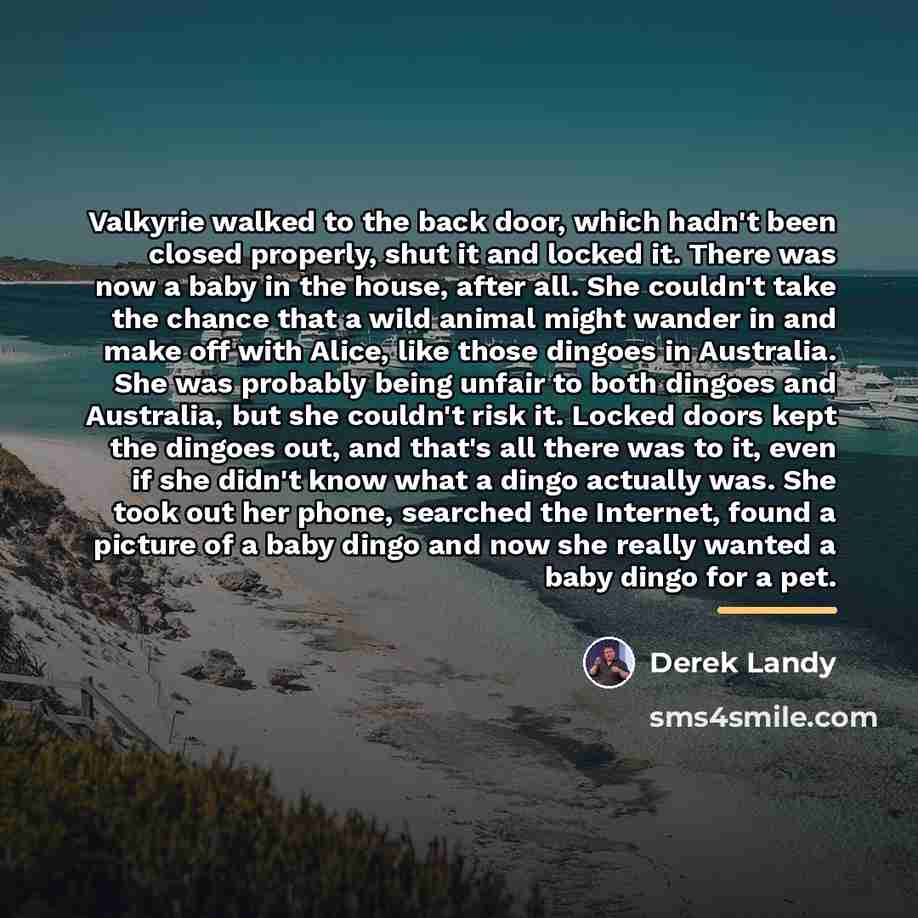 “Valkyrie walked to the back door, which hadn't been closed…” quote by Derek Landy