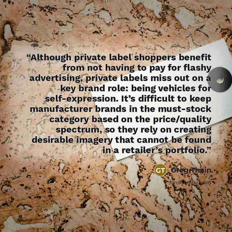 “Although private label shoppers benefit from not having to pay for flashy advertising, private labels miss out on a key brand role: being vehicles for self-expression. It’s difficult to keep manufacturer brands in the must-stock category based on the price/quality spectrum, so they rely on…” quote by Greg Thain
