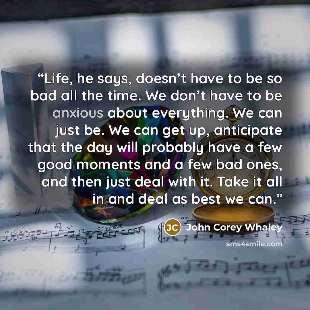 “Life, he says, doesn’t have to be so bad all the time. We don’t have to be anxious about everything. We can just be. We can get up, anticipate that the day will probably have a few good moments and a few bad ones, and then just deal with it. Take it all in and deal as best we can.” quote by John Corey Whaley