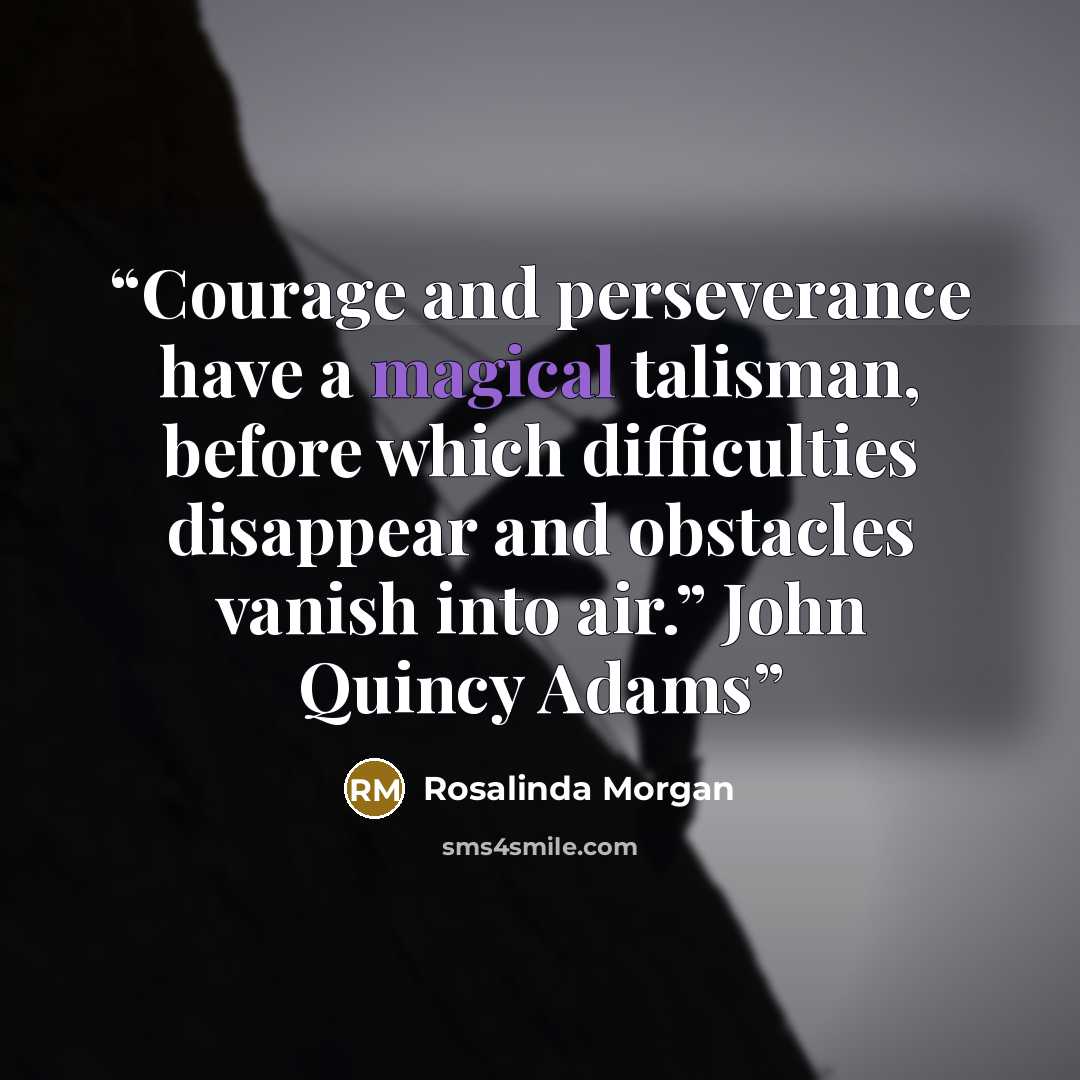 “Courage and perseverance have a magical talisman, before which difficulties disappear and obstacles vanish into air.” John Quincy Adams” quote by Rosalinda Morgan
