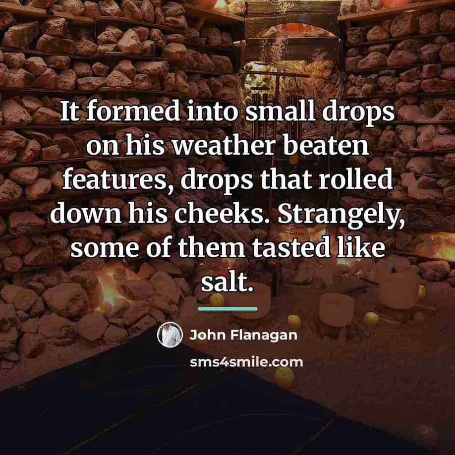 “It formed into small drops on his weather beaten features,…” quote by John Flanagan