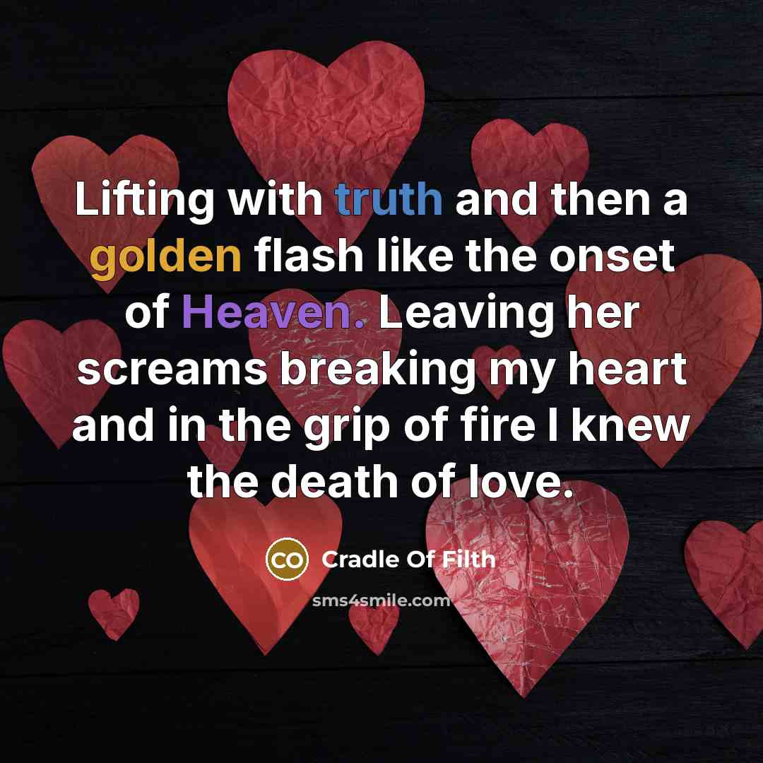 “Lifting with truth and then a golden flash like the onset of Heaven. Leaving her screams breaking my heart and in the grip of fire I knew the death of love.” quote by Cradle Of Filth